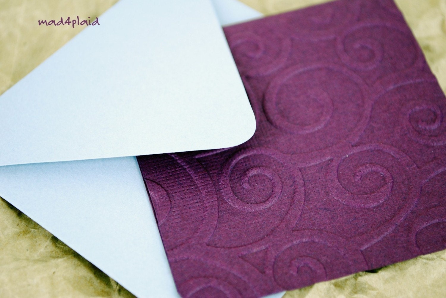 Blank Mini Card Set of 6 Dark Plum Embossed with Soft Gray Envelopes Handmade Paper Goods by mad4plaid on Etsy