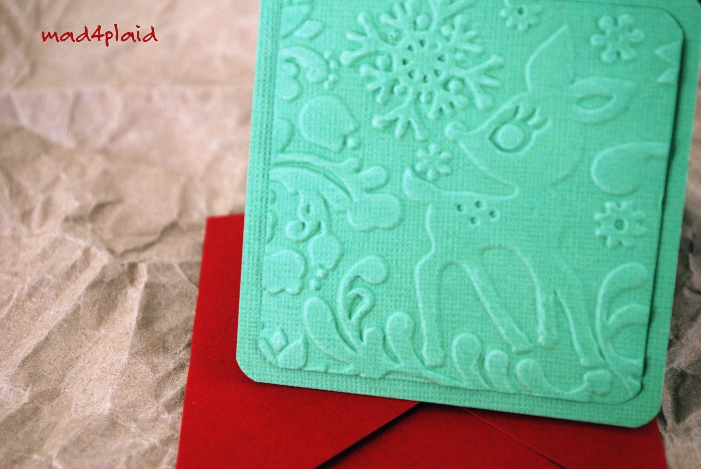 Blank Holiday Mini Card Set of 10, Embossed Reindeer on Pine Green with Bright Red Envelopes, Handmade Paper Goods by mad4plaid on Etsy