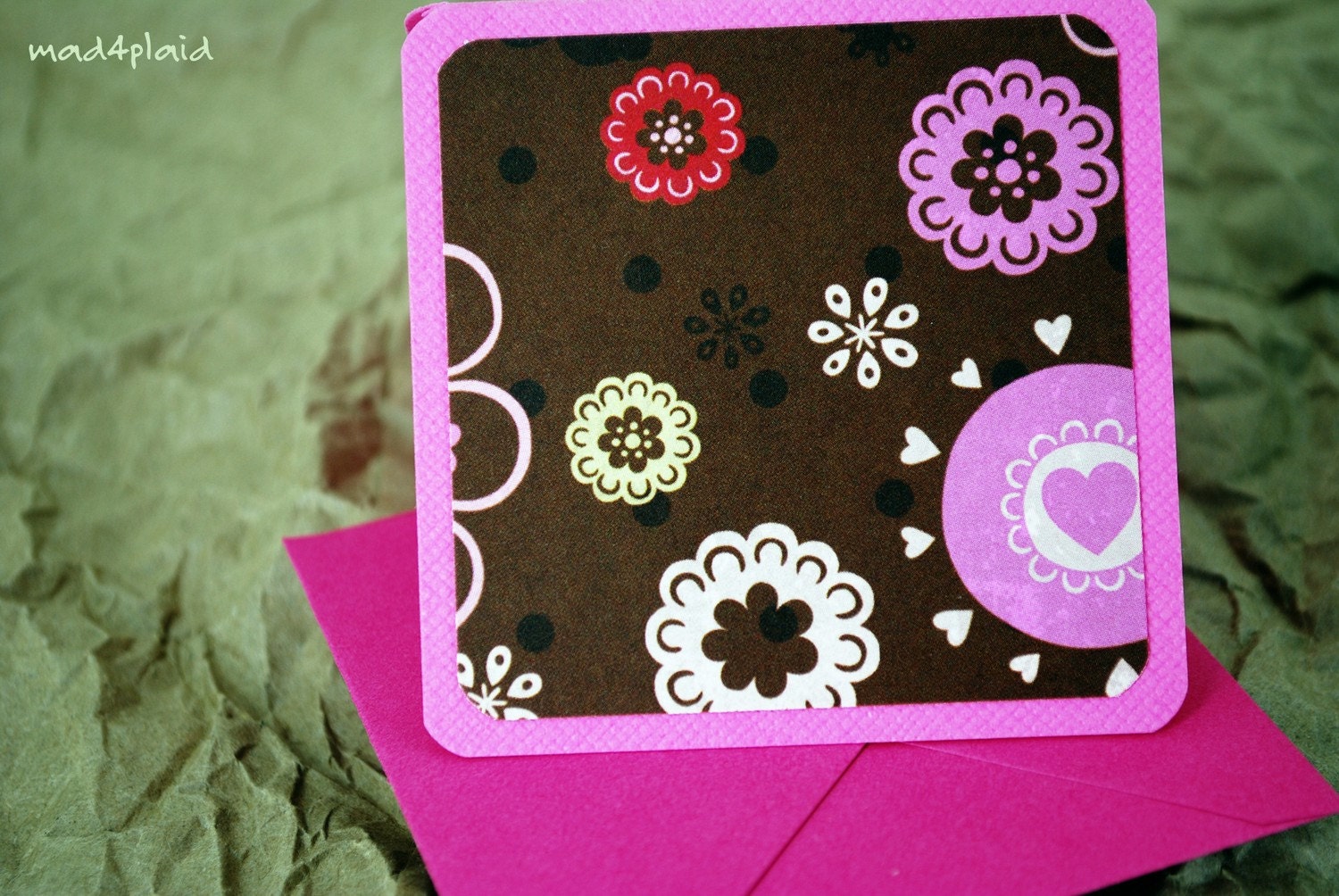 Blank Mini Card Set of 10, Brown and Pink Floral on Pink, Bright Pink Envelopes, Handmade Paper Goods by mad4plaid on Etsy