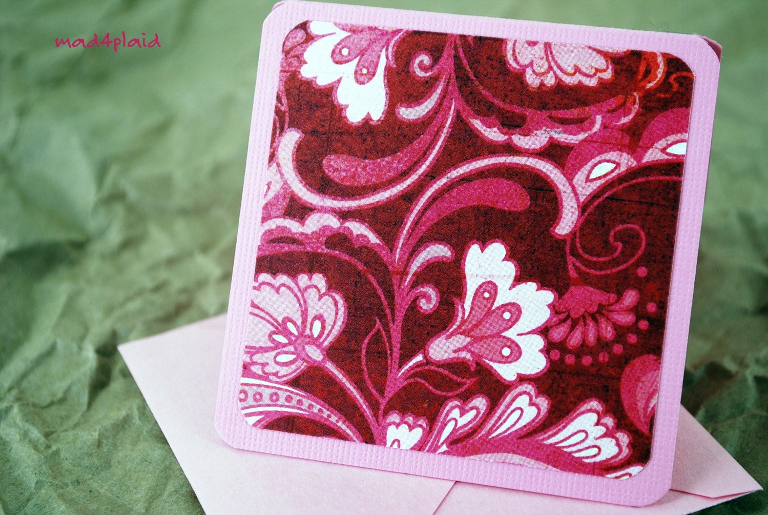 Blank Mini Card Set of 10, Romantic Swirl on Pink with Pale Pink Metallic Envelopes, Handmade Paper Goods by mad4plaid on Etsy