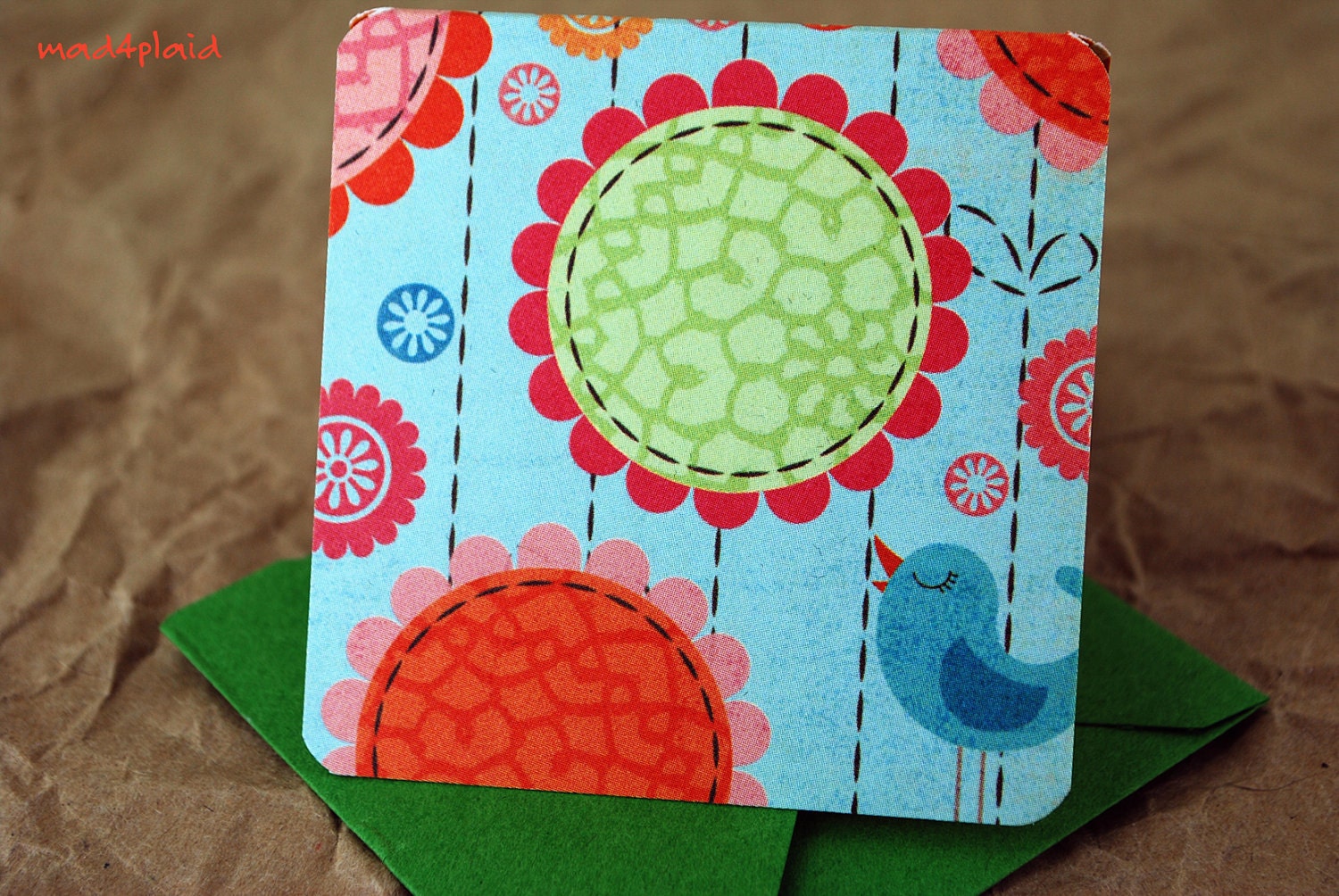 Blank Mini Card Set of 10, Large Floral Graphic with Contrasting Pattern on the Inside, Bright Green Envelopes, mad4plaid