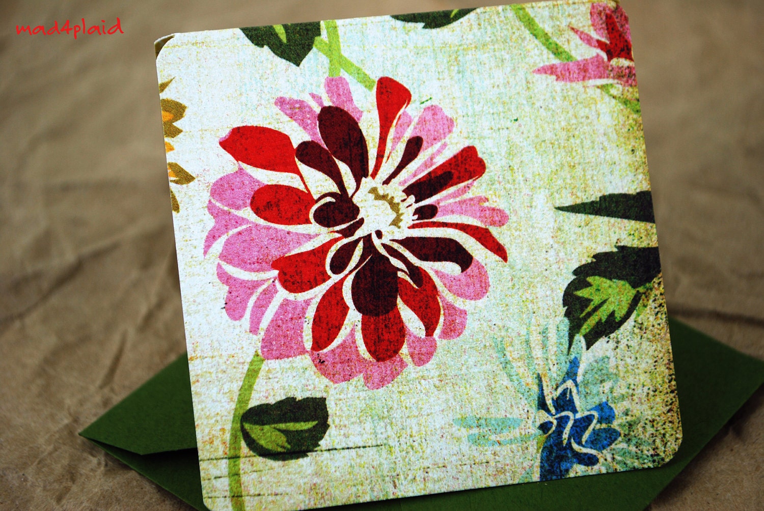 Blank Mini Card Set of 10, Vintage Shabby Chic Floral, Contrasting Pattern on the Inside, Olive Green Envelopes, mad4plaid