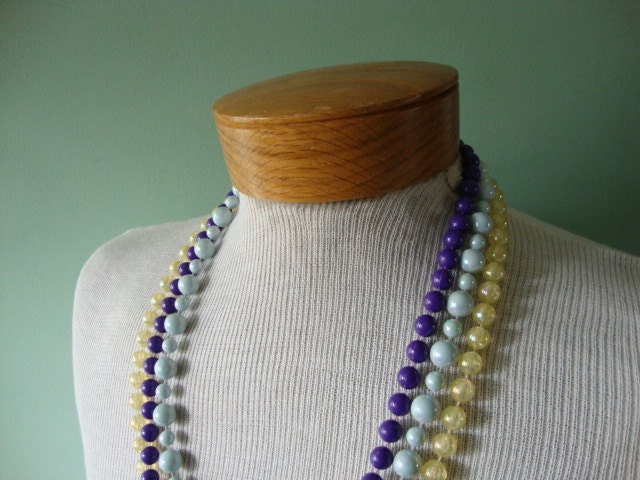 Vintage necklaces, purple blue yellow costume jewelry, set of 3 mis-matched strands