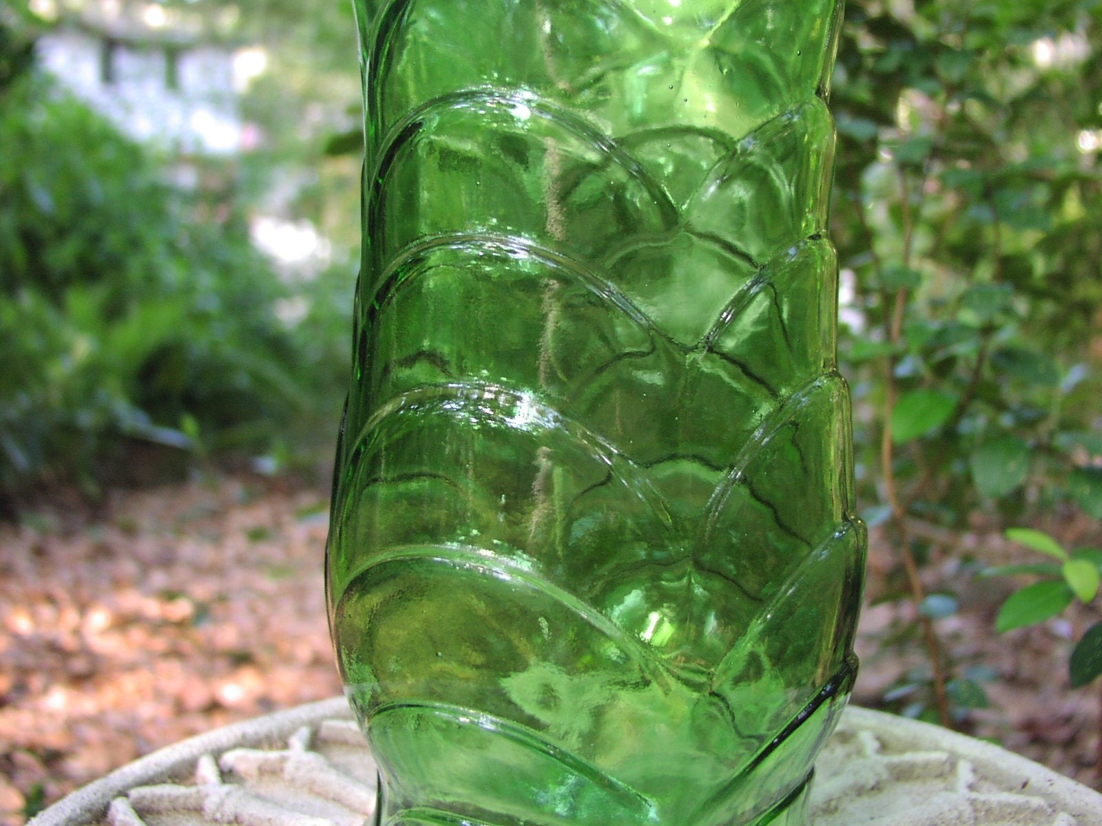 Vintage green glass EO Brody tall flower vase, mint condition, 1960's 1970's retro home decor in eyecatching bright emerald green color, textured surface with fish scale pattern