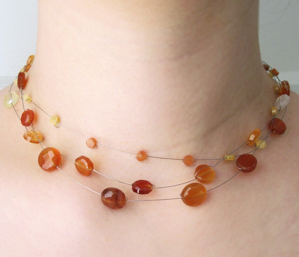 Sunset Necklace - carnelians, Swarovski crystals, Soft Flex, glass and sterling silver