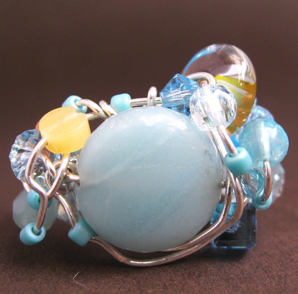 Kai Ring - amazonite, blue quartz, carnelians, lampwork glass, Swarovski crystal, seed beads, sterling silver wire