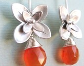 Lucy Earrings - faceted carnelian briolettes, silver plated flower ear wires, sterling silver wire