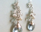 Lumi Earrings - aquamarine, pearls, Swarovski crystal, glass, sterling silver cubic zirconia snowflake ear posts