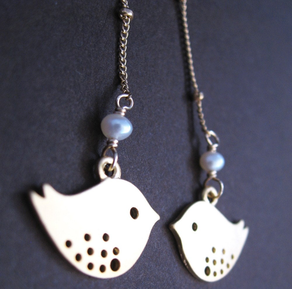 Charlotte Lariat Necklace - gold plated chickadee charms, pearls, gold filled