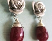 Helena Earrings - faceted dyed ruby, white gold plated rose posts, sterling silver