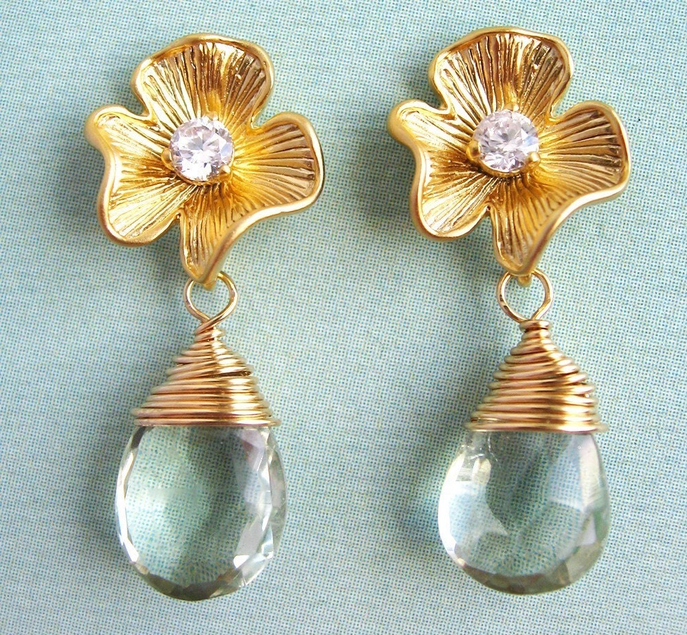 Maggie Earrings - 16K gold plated flower ear posts with cubic zirconia center, faceted green amethyst, gold filled wire