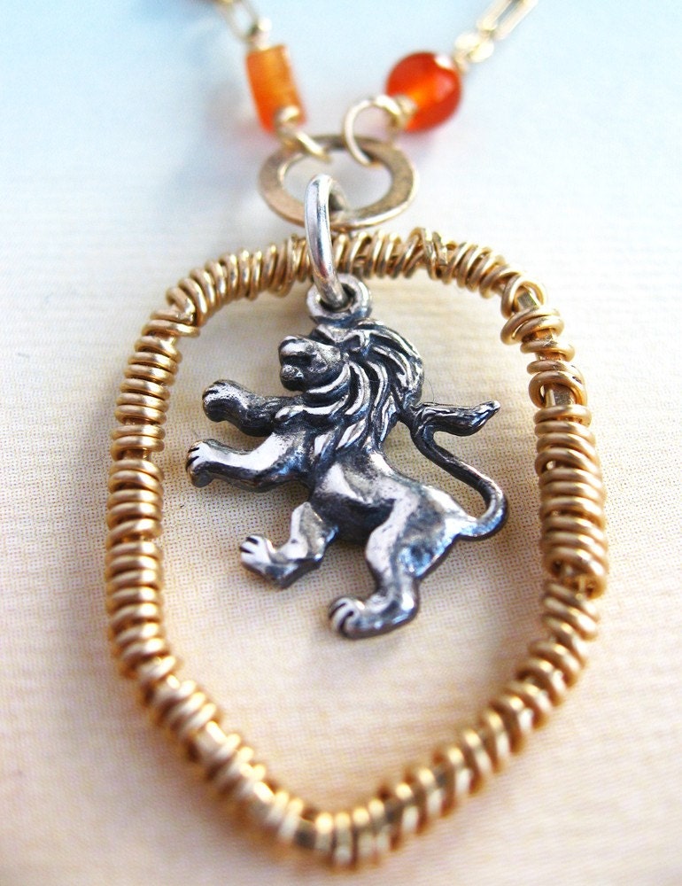 Minerva Necklace - carnelians, Swarovski crystals, gold filled, sterling silver lion charm, (Harry Potter inspired)