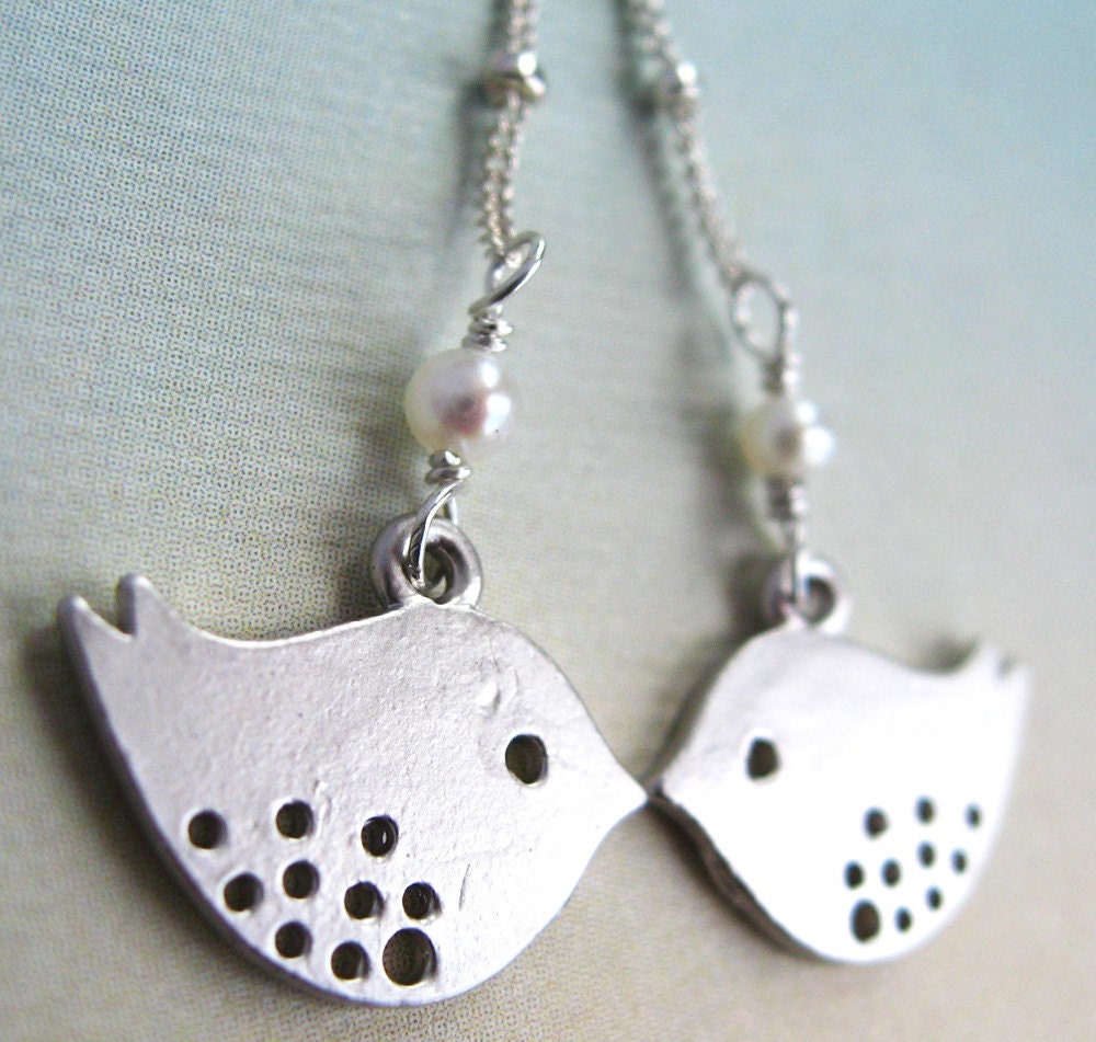 Charlie Lariat Necklace - white gold plated chickadee charms, pearls, sterling silver