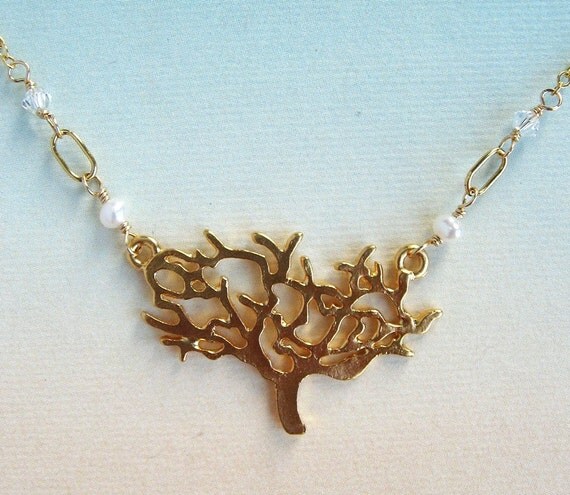 Diana Necklace - 16K gold plated tree pendant, pearls, Swarovski crystal, gold filled