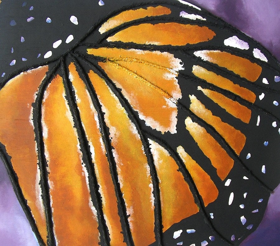 Monarch Butterfly Painting - Mixed Media Original - Constructed in String - Orange and Purple