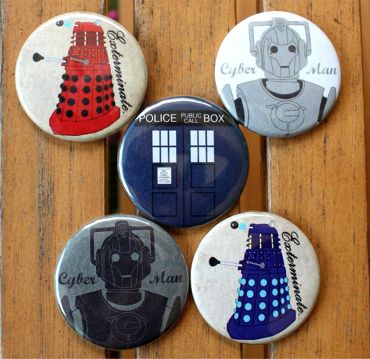 Doctor Who button set - pinback button pack - sci-fi buttons - Tardis - Dalek - Cyberman Button Pack