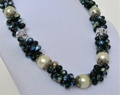 Navy Blue Necklace 18 inch Pearl and Crystal with  Silver