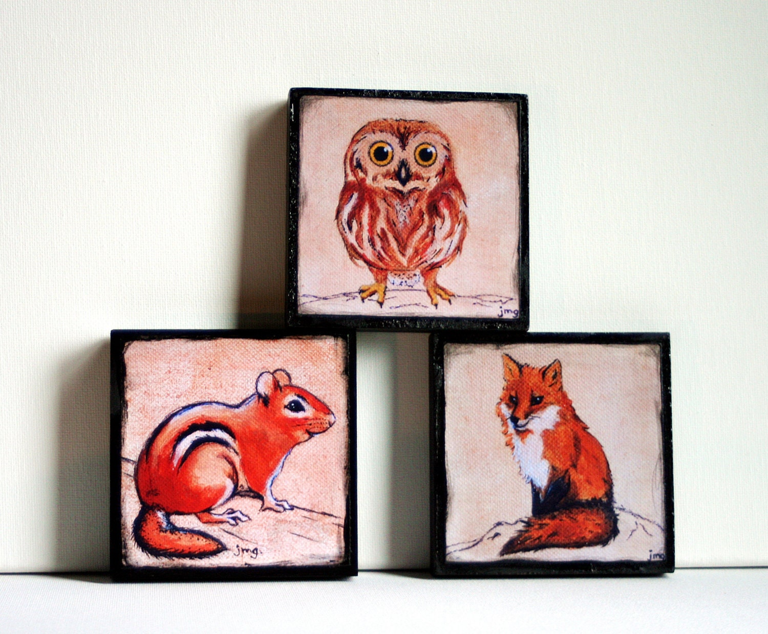 Woodland Artblocks Set of 3 on Salvaged Wood Rosettes- Earthtones-Gifts Under 25
