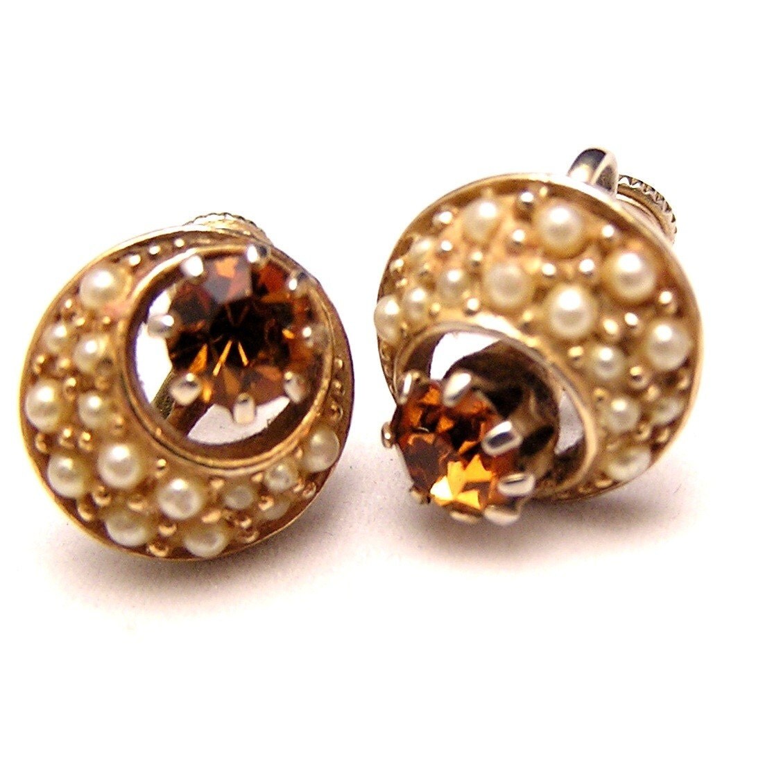 Vintage Seed Pearl and Topaz Colored Rhinestone Earrings.