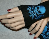 Embroidered Damask Skull Fleece Arm Warmers Black / Turquoise Blue MTCoffinz