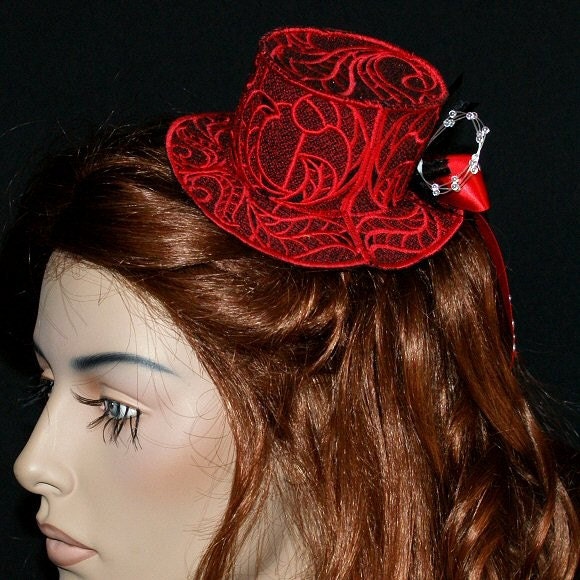 Red Lace Embroidered Lolita Top Hat MTCoffinz --- ready to ship