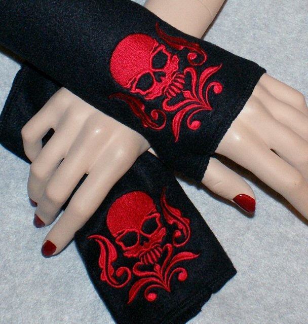 Embroidered Damask Skull Fleece Arm Warmers Red / Black MTCoffinz