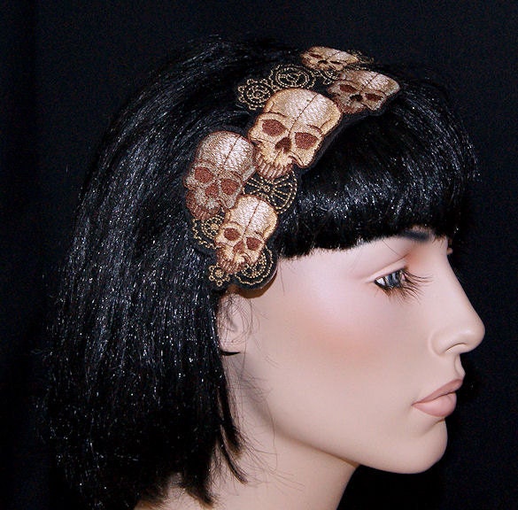 SteamPunk Skulls and Gears Brown Tan Embroidered Headband MTCoffinz