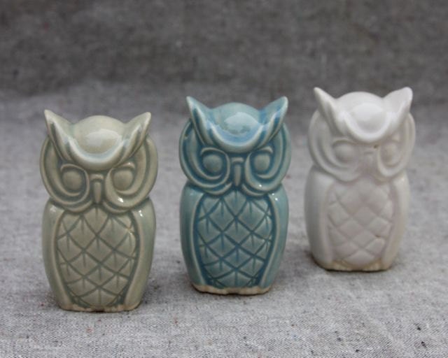 Three Little Owls in Stoneware with Pale Green, Light Turquoise, and White Glaze