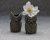Tiny Owl Vase Pair in Stoneware with Rainy Day (Very Dark Gray) Glaze