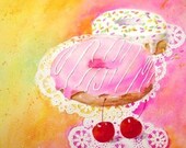 DONUITS AND CHERRIES Original watercolor by Rodriguez Doily Series