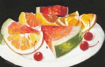 FRUIT SLICES Watermelon And Oranges Original Mini Painting by Rodriguez
