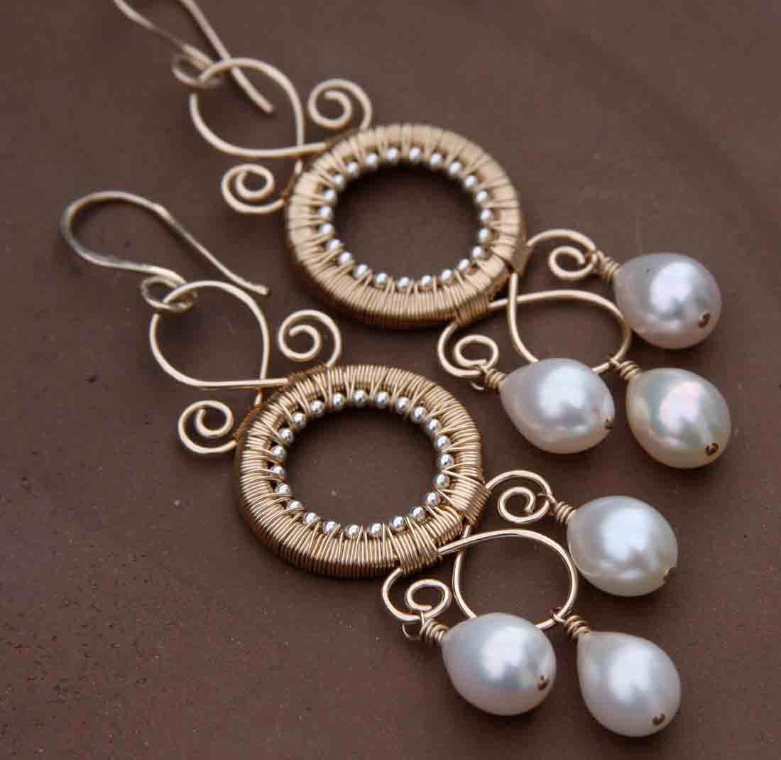 LAST CHANCE Sale oOo Gold and Silver Bead Ball Wire Wrapped Chandeliers with Fresh Water Pearls