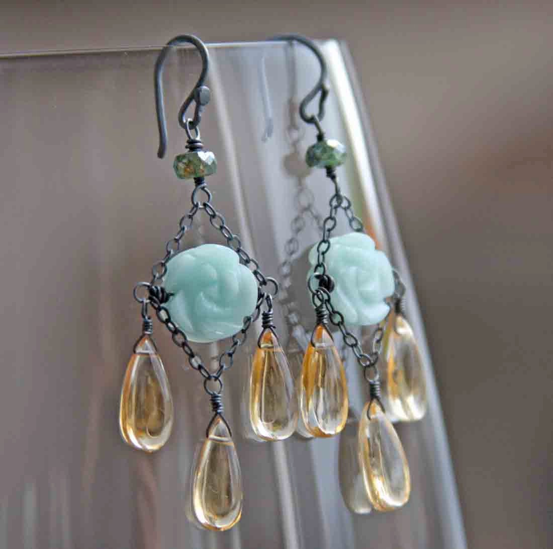 Carved Amazonite Green Ruby Citrine and Sterling Chandeliers