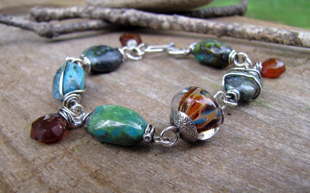 Southwest Turquoise Bracelet. Sterling Silver Wire Wrapped Nugget Lampwork Bracelet