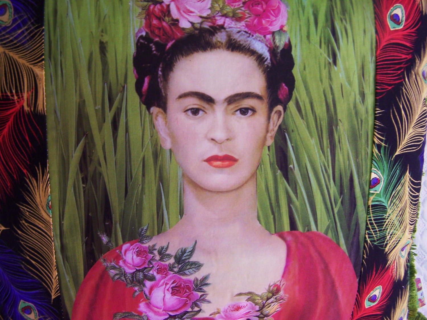 Frida Kahlo Mexican Designer Pillow Peacocks and Roses