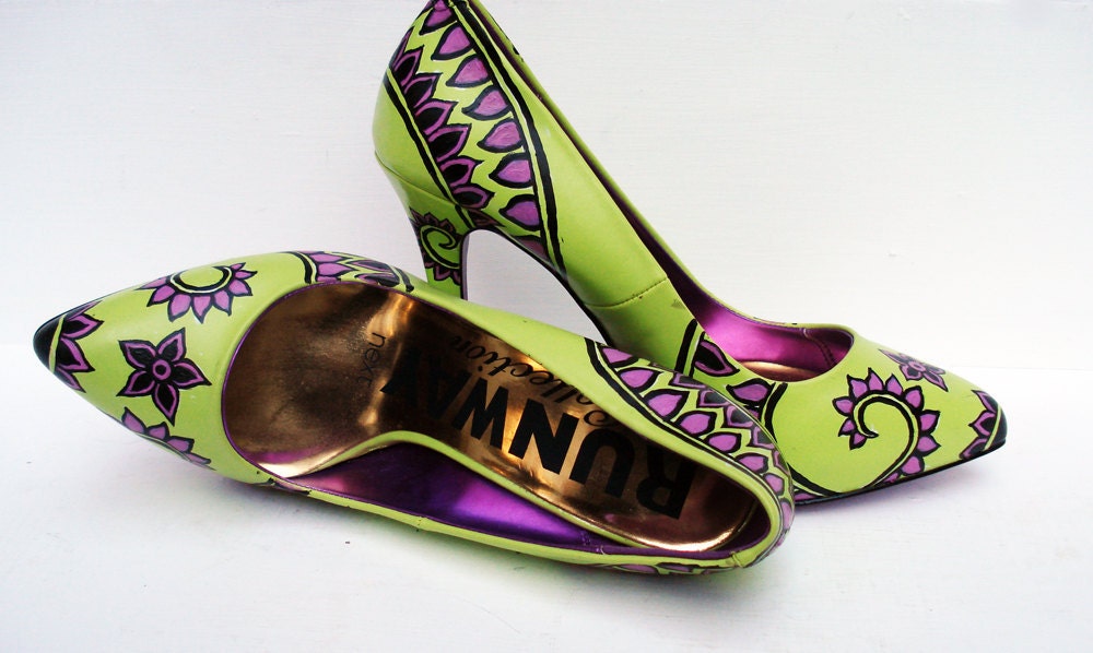 Hand Painted Heels - Modern Henna Lime green court shoes - UK5/ US7.5/ EU38 - Kezbirdie