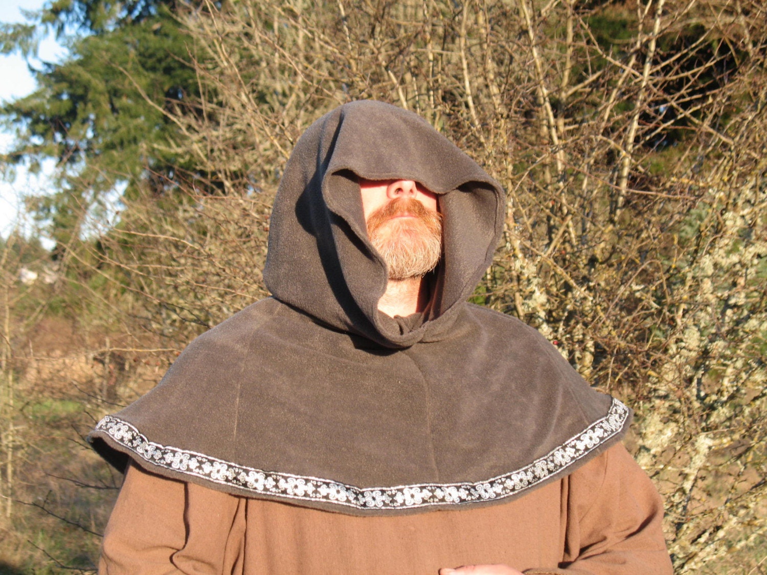Grey Medieval Liripipe Hood w Black and Gold Trim Around Bottom Hem