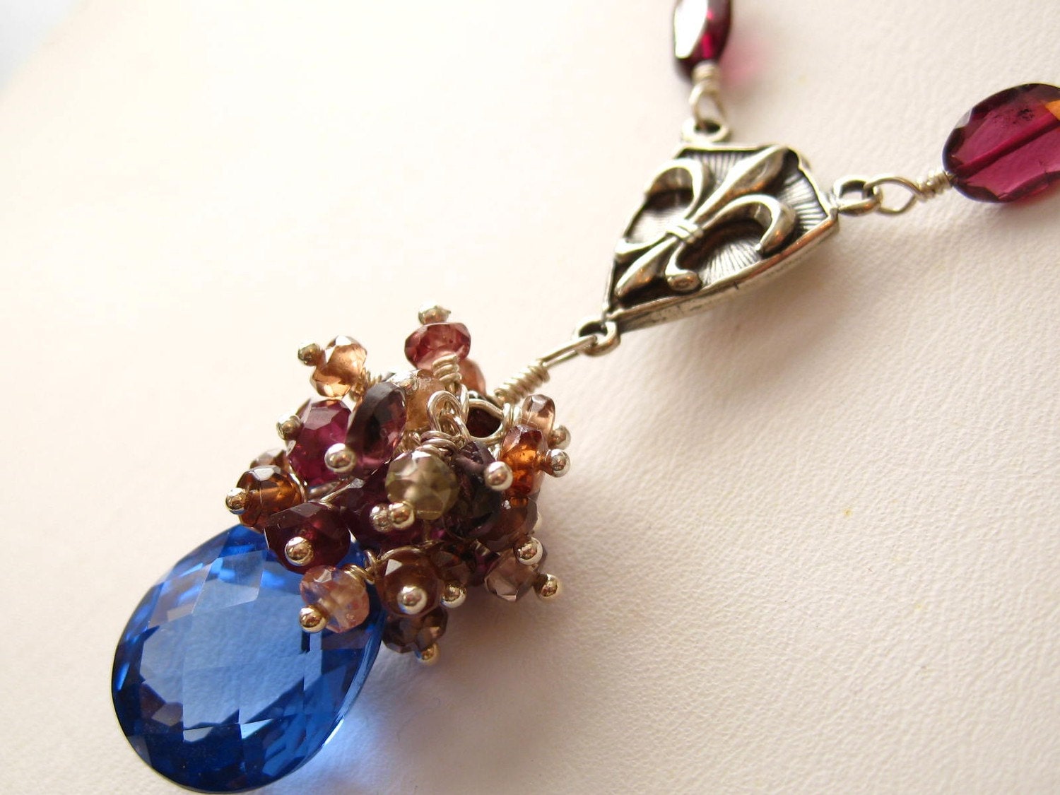 Regalia Necklace-London Blue Topaz, Citrine, Freshwater Pearl, Andalusite, Garnet, Stelring silver