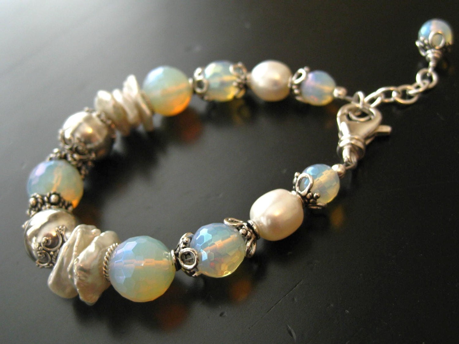 Opalized Quartz, Keishi Pearl, Sterling Silver Bracelet-Gossamer Wings