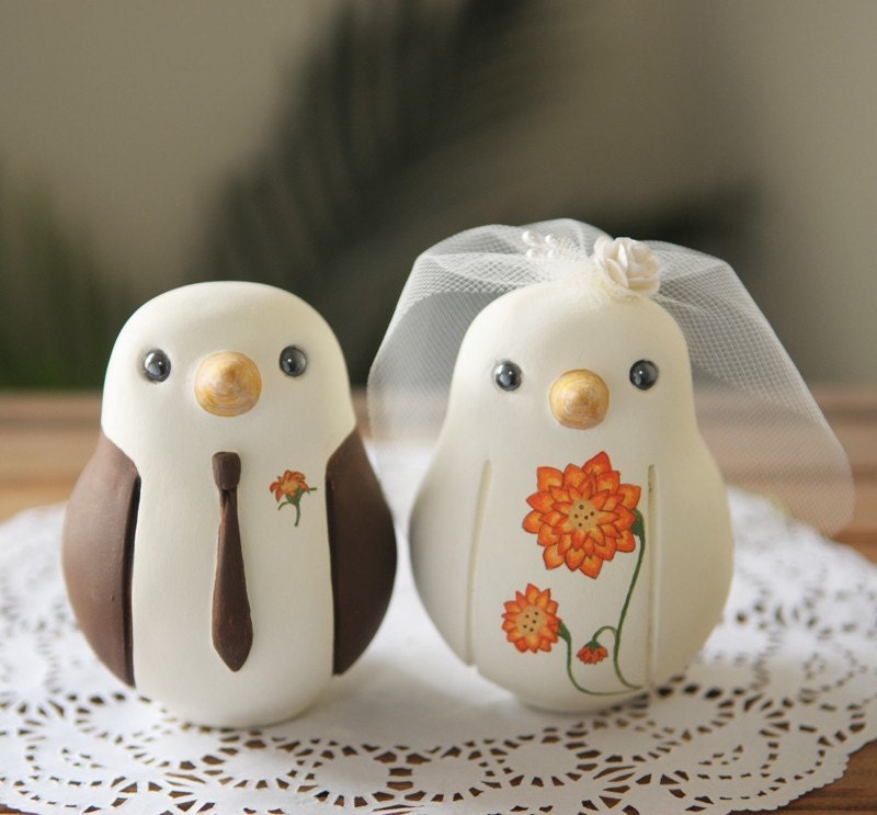 Custom Wedding Cake Topper - Large Hand Painted Love Birds with Painted Bouquet
