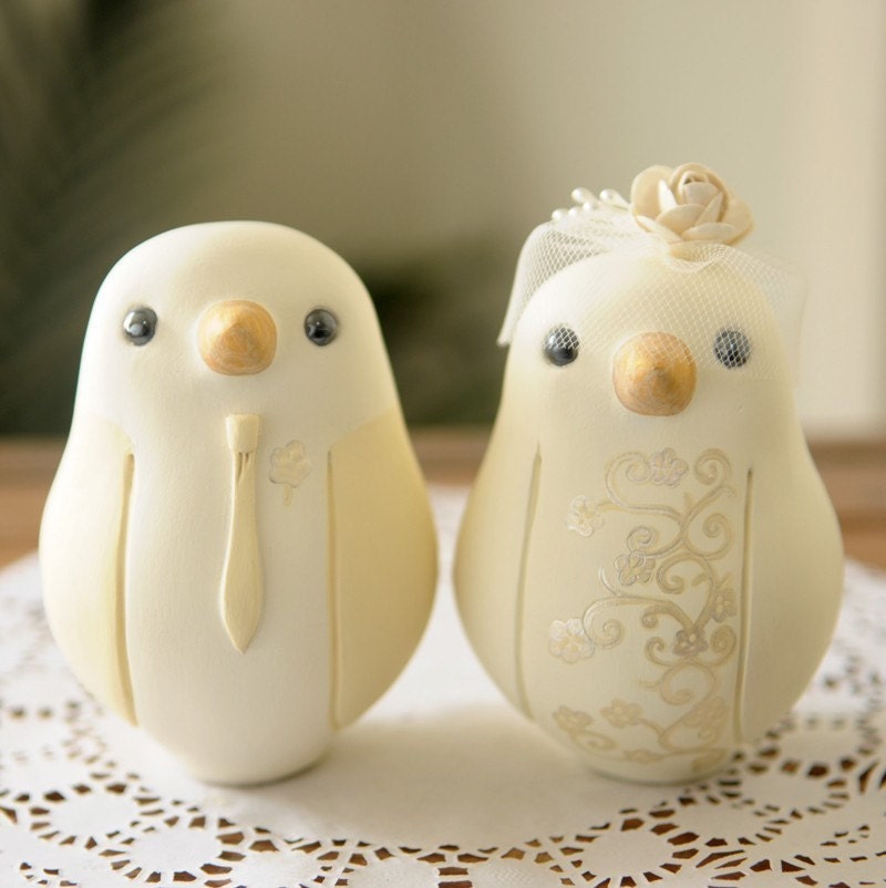 Custom Wedding Cake Topper - Large Hand Painted Love Birds with Painted Bouquet