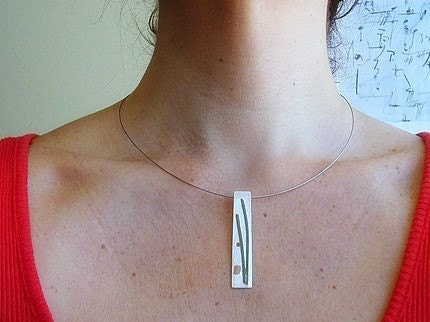 Japanese branch pendant, modern contemporary jewelry, sterling silver, alpaca, cooper, bio, branch, rectangle, natural