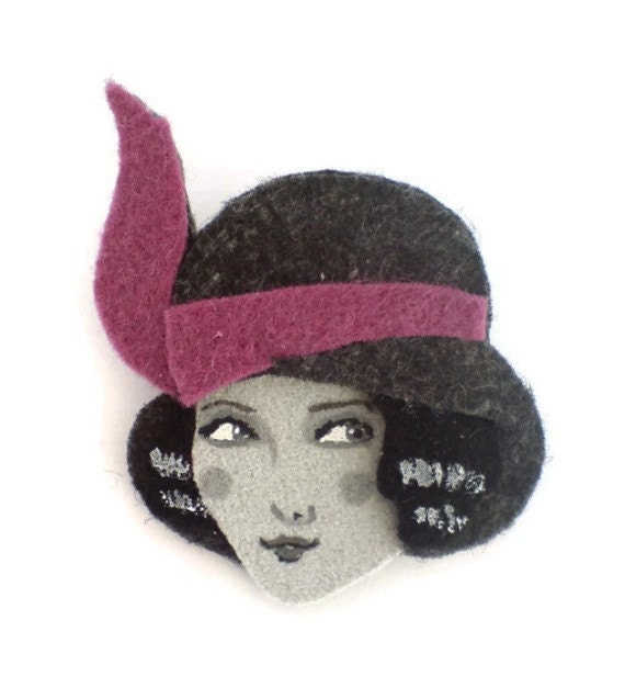 20s Girl Felt Brooch, Fabric Brooch, Art Brooch, Wearable Art Jewelry