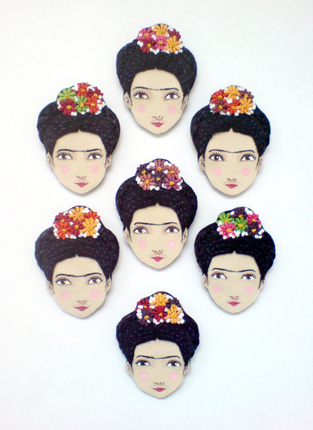 Felt brooch - Frida Kahlo, black, burgundy, magenta, pumpkin, woman face