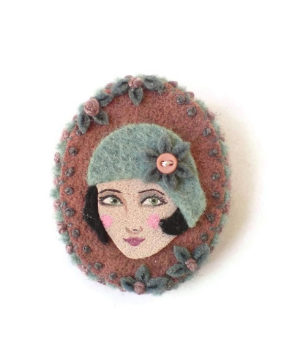 Sale - Jazz Age Cameo Fabric Brooch, Felt Brooch, Art Brooch, Wearable Art Jewelry