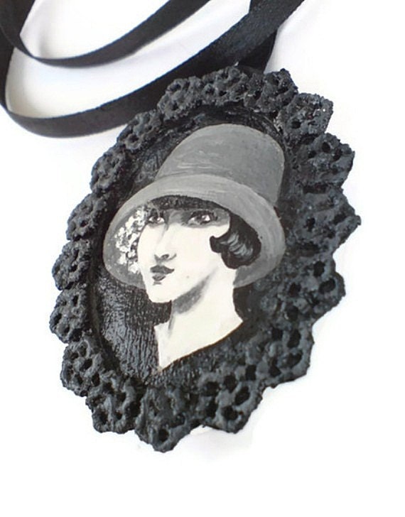 Vintage Lady Cameo Fabric Pendant, Miniature Painting, Ooak, Wearable Art Jewelry