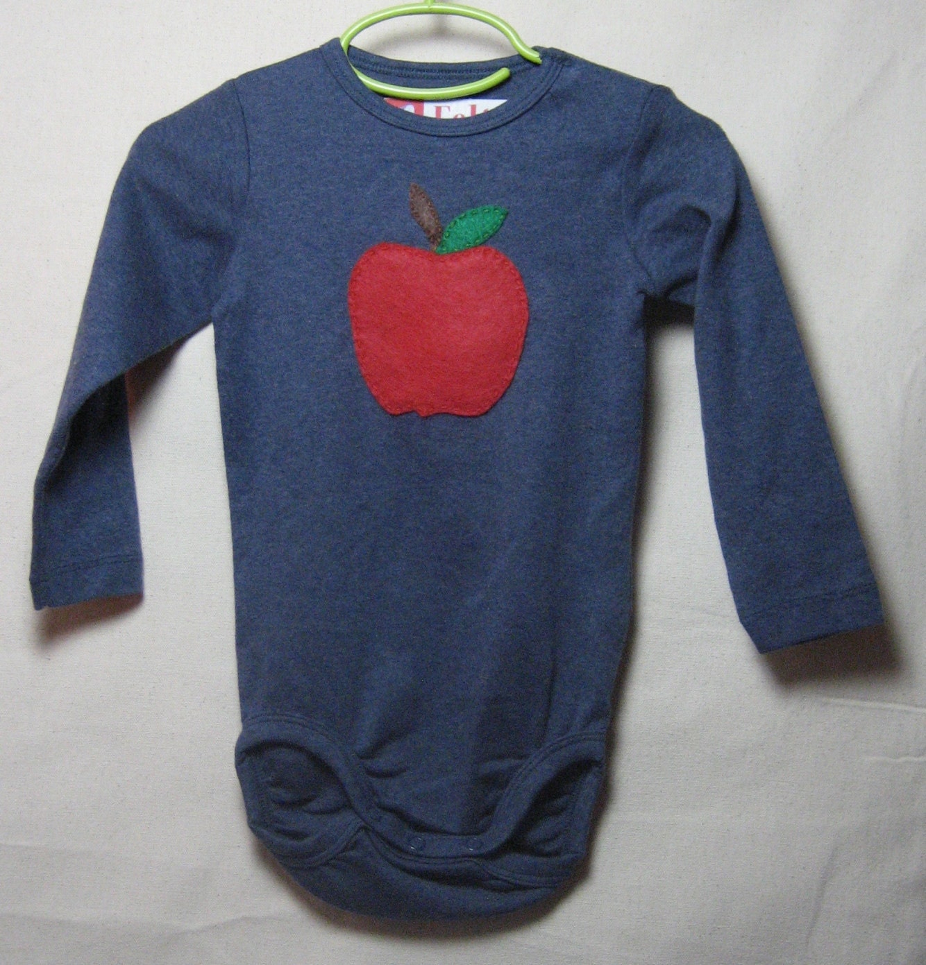 Apple on Blue Long-Sleeve Baby Bodysuit (size 12-18 mo.) - FELTITNYC