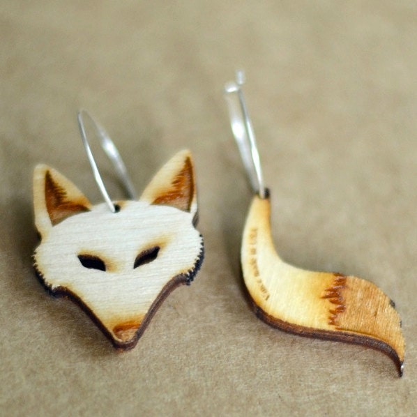 Wooden Fox & Tail Hoop Earrings