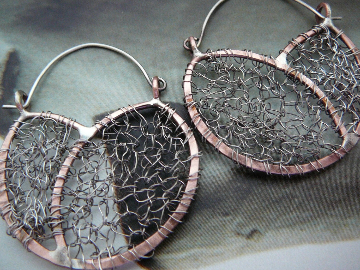 Pepper and Salt - copper and sterling silver crocheted earrings