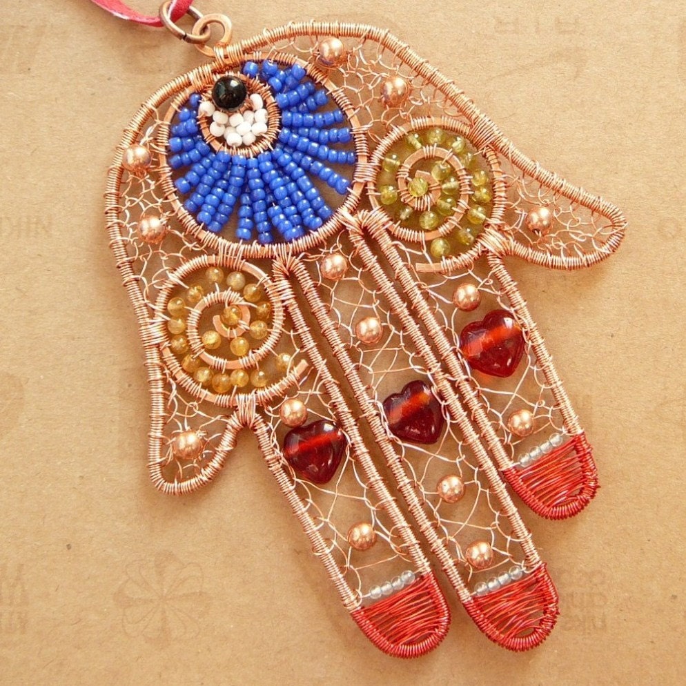 Protective Hamsa Hand - copper and gemstone pendant
